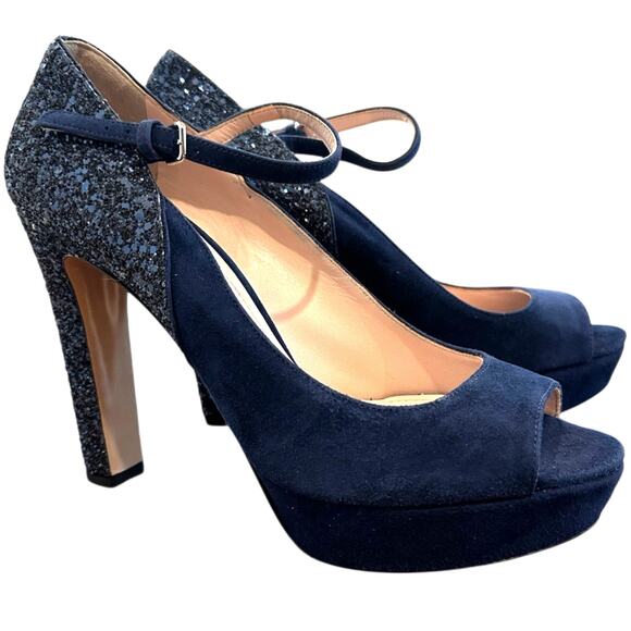 Miu Miu Blue Suede Glitter Accent Peep toe platform heels Size: 38.5 NWOT/box - Picture 4 of 13